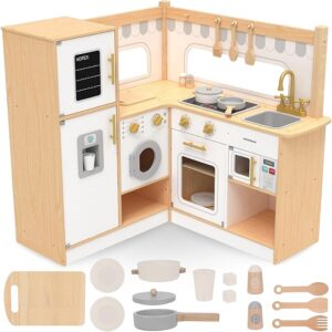 Cocinita de madera grande estilo nórdico con mucho almacenaje y diseño elegante para niños y niñas