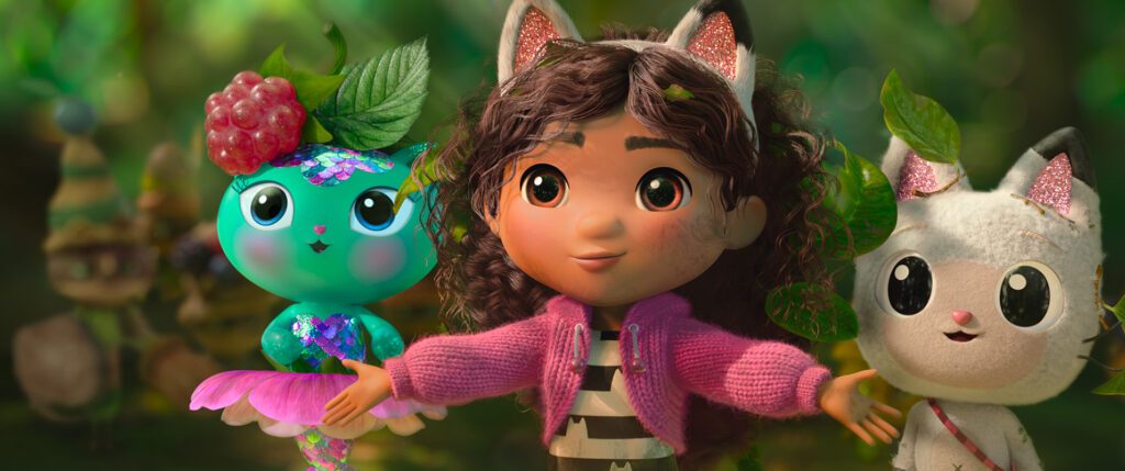 Escena de la película de La casa de muñecas de Gabby, con la protagonista y sus amigos
